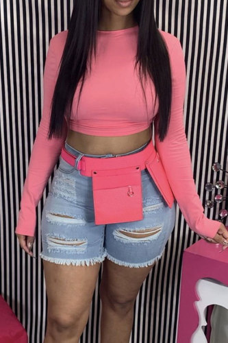 Pink Black Pink Fluorescent Yellow Polyester O Neck Long Sleeve Patchwork Solid backless Bandage HOLLOWED OUT crop top Tops