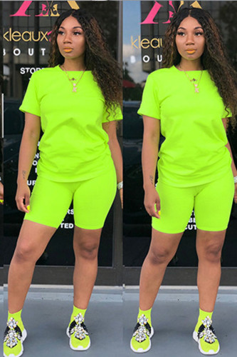Green Fashion Casual Slim fit Two Piece Suits Solid Regular Short Sleeve Two-Piece Short Set