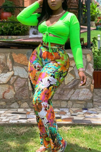Poliéster verde moda sexy adulto com decote em v estampa de retalhos atadura de duas peças ternos vazados costura plus size