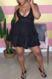 Black Sleeveless V Neck Knee-Length Patchwork Stringy Selvedge Solid Draped Backless Ruffle Dresses