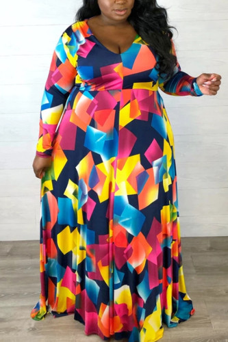Poliéster multicolorido moda casual adulto decote em v estampa patchwork cinto costura plus size