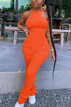 Combinaisons mode street patchwork solide polyester drapé sans manches O cou combinaisons orange
