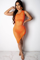 Orange Sexy Fashion Une épaule Sans manches une épaule col Jupe asymétrique Fluorescent as