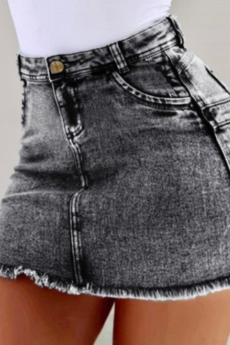 Jeans Cinza Zipper Fly High Solid Lavagem Old Hip Saia Parte de baixo