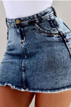 Saia jeans azul escura com zíper Fly alta sólida lavagem Old Hip saia inferior