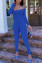 Macacão azul moda casual de poliéster sólido manga longa O decote