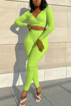 Fluorescent green Polyester Fashion Casual adult Ma'am Solid Two Piece Suits pencil Long Sleeve Two Pieces