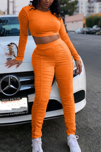 Orange Mode Casual vuxen fru Solid draperad tvådelad kostym penna långärmad tvådelad