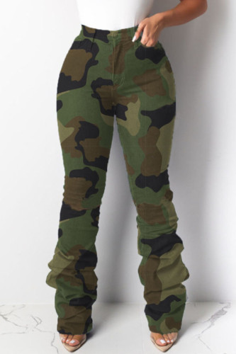 Pantaloni dritti con cerniera lampo drappeggiati senza maniche con bottoni in denim camouflage