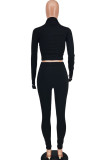 Black Fashion Casual Adult Solid Embroidered O Neck Long Sleeve Regular Sleeve Regular Two Pieces