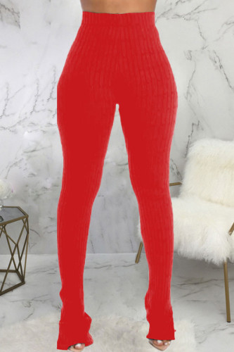 Tecidos de artigos de cova para adultos casual moda vermelha calças skinny com fenda sólida