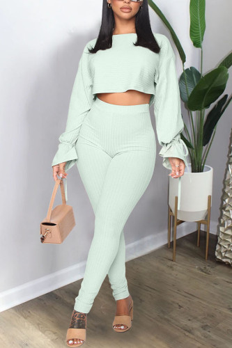 Light Green Casual Party Polyester Pit Article Fabrics Solid Bandage O Neck Long Sleeve Flare Sleeve Regular Two Pieces