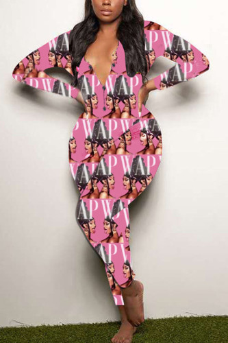 Rosa Mode Vuxen Living Print Bokstav V-hals Skinny Jumpsuits