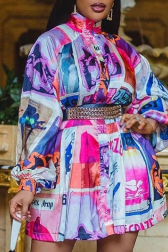 Vestidos de moda multicoloridos com estampa diária gola mandarim manga longa (sem cinto)
