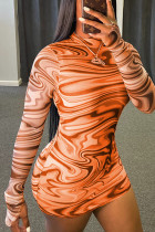 Orange Sexy Milk Fiber Patchwork Print Patchwork O Neck Long Sleeve Mini A Line Dresses