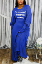 Blue Fashion Casual Adult Letter Print Letter O Neck Long Sleeve Floor Length Printed Dress Dresses