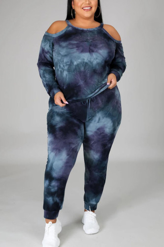 Azul escuro moda sportswear adulto impressão bipartida decote o pescoço plus size