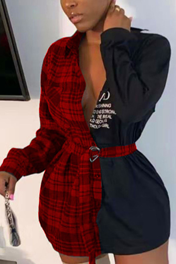 Rouge mode Sexy adulte Polyester Plaid Patchwork Split Joint avec ceinture col en V à manches longues Mini chemise robe robes