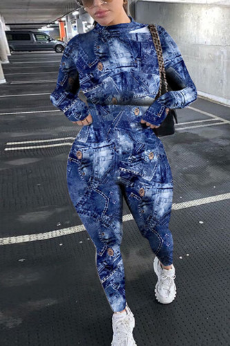 Macacão skinny moda azul moda esportiva adulto estampado com decote oco