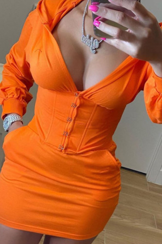 Orange Mode Casual Vuxen Polyester Solid Split Led Huvkrage Långärmad Mini Långärmad Klänning