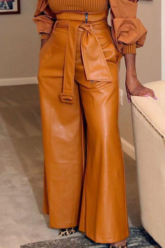 Calças lisas marrom moda casual adulto couro falso com cinto na parte inferior reta
