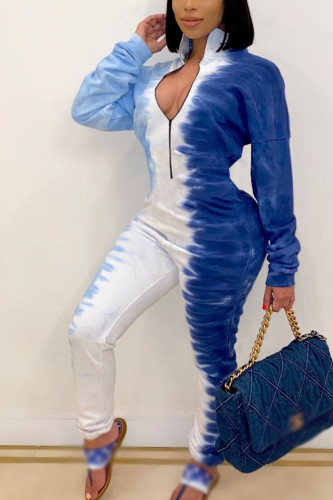 Macacão skinny azul sexy mesclado com estampa mista de retalhos com gola virada para baixo