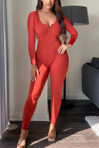Combinaisons maigres à col en U solide en polyester pour adultes sexy à la mode rouge