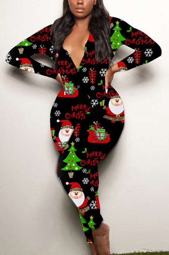 Tute attillate con scollo a V di Babbo Natale con stampa patchwork nero sexy