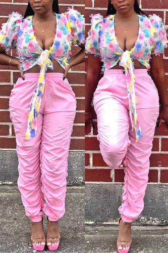 Pantaloni dritti solidi drappeggiati con patchwork medio senza maniche elastiche in poliestere rosa