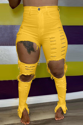 Calças casuais amarelas de moda casual rasgadas e finas com buracos quebrados
