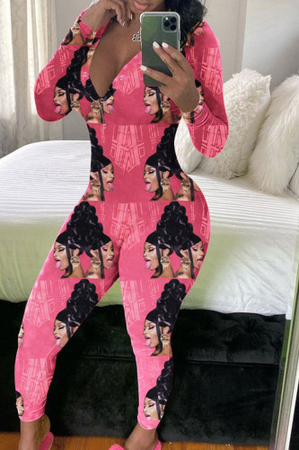 Macacão skinny rosa moda adulto Living com estampa decote em v