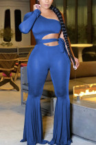 Bleu mode sexy solide évidé patchwork avec ceinture une épaule botte coupe combinaisons
