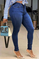 Calça jeans skinny casual moda azul escuro moda cintura média