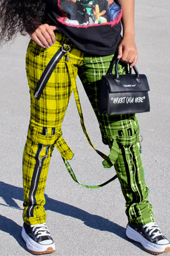 Pantaloni alla moda gialli casual con stampa scozzese a metà vita