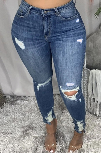 Mörkblå Mode Casual Solid Ripped Plus Size Jeans