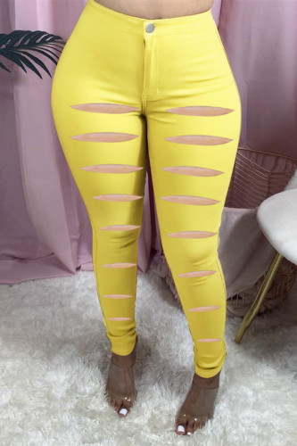 Calça jeans skinny rasgada casual fashion amarela