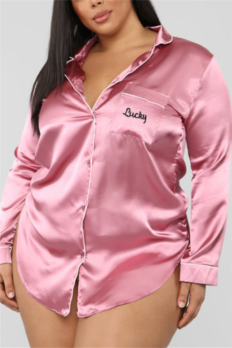 Camisola de noite rosa fashion sexy com lapela sólida e manga longa