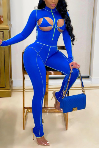 Macacão skinny azul fashion sexy patchwork sólido vazado com gola alta