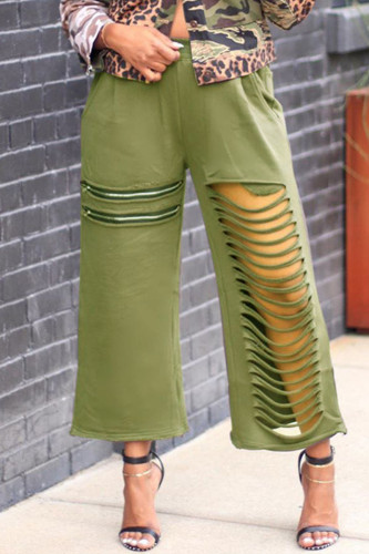 Calças retas de cintura alta casuais casuais verdes rasgadas