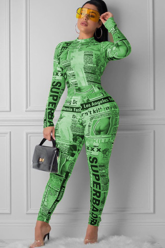 Macacão verde sexy com zíper estampa de letras de poliéster manga longa O decote
