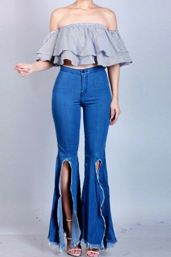 Calça jeans com zíper azul escuro com zíper e botão de alta costura com abertura de lavagem com zíper e corte de bota