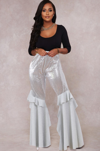 Pantaloni larghi solidi con paillettes elastiche in poliestere bianco