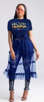 Vestido azul Sexy & Club O-neck manga curta princesa saia de comprimento médio vestidos de verão