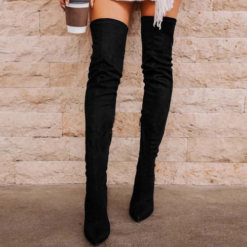 Black Fashion Solid Color Pointed Stiletto High Boots