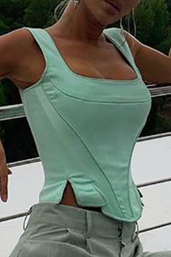 Green Sexy Solid Split Joint Square Collar Tops