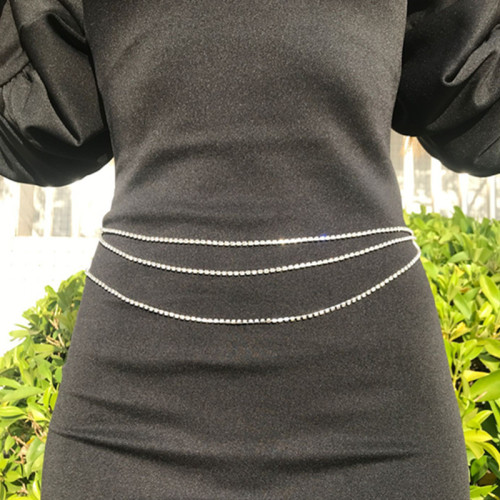 Corrente de cintura de strass moda prata