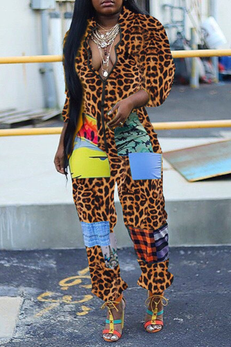 Leopard print Sexy Patchwork Colorblock Printing O Neck Jumpsuits