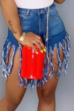 Blue Denim Button Fly Zipper Fly Mid Solid Patchwork Tassel Straight shorts 