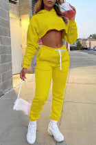 Yellow Casual Polyester Solid Split Joint Hooded Collar Long Sleeve Regular Sleeve Short Two Pieces