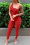 Red Sexy Casual Solid Backless One Shoulder Skinny Jumpsuits